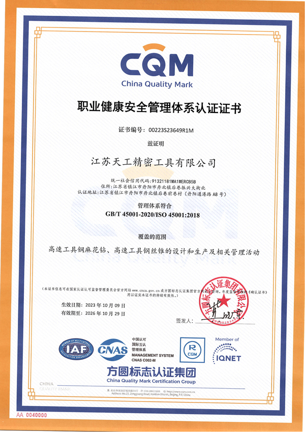 TG Precision Occupational Health and Safety Management System Certificate