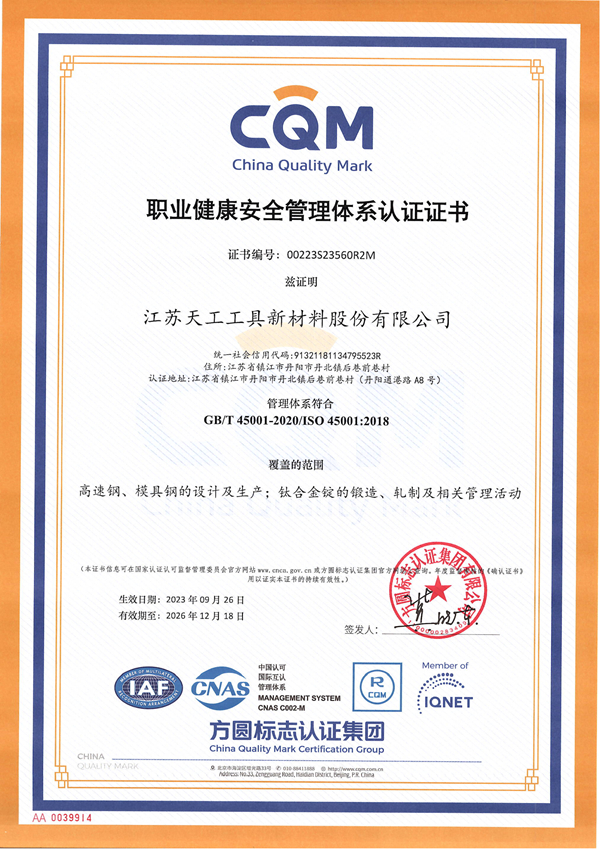 TG Tools Occupational Health and Safety Management System Certificate