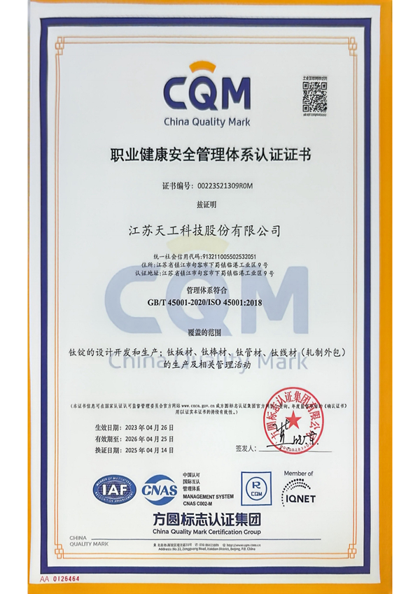 TG Tech Occupational Health and Safety Management System Certificate